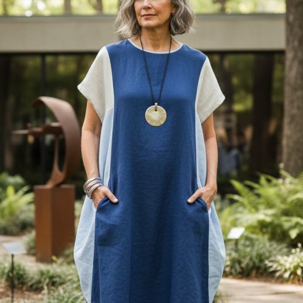 NU 100% Linen Colorblock Cocoon Dress Tunic size M/L Balloon Lagenlook Resort